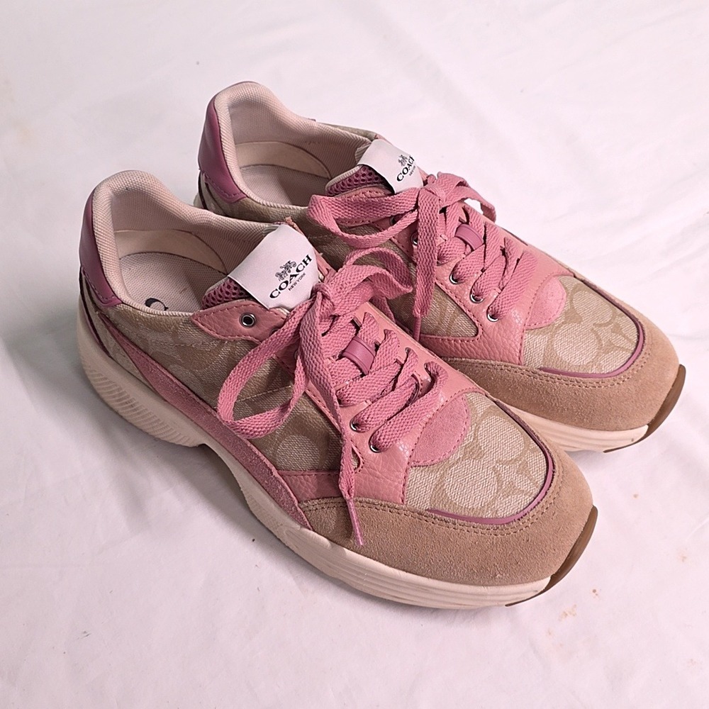 Coach CitySole Tech Runner Sneaker Women 9B Pink Tan Signature Monogram Suede